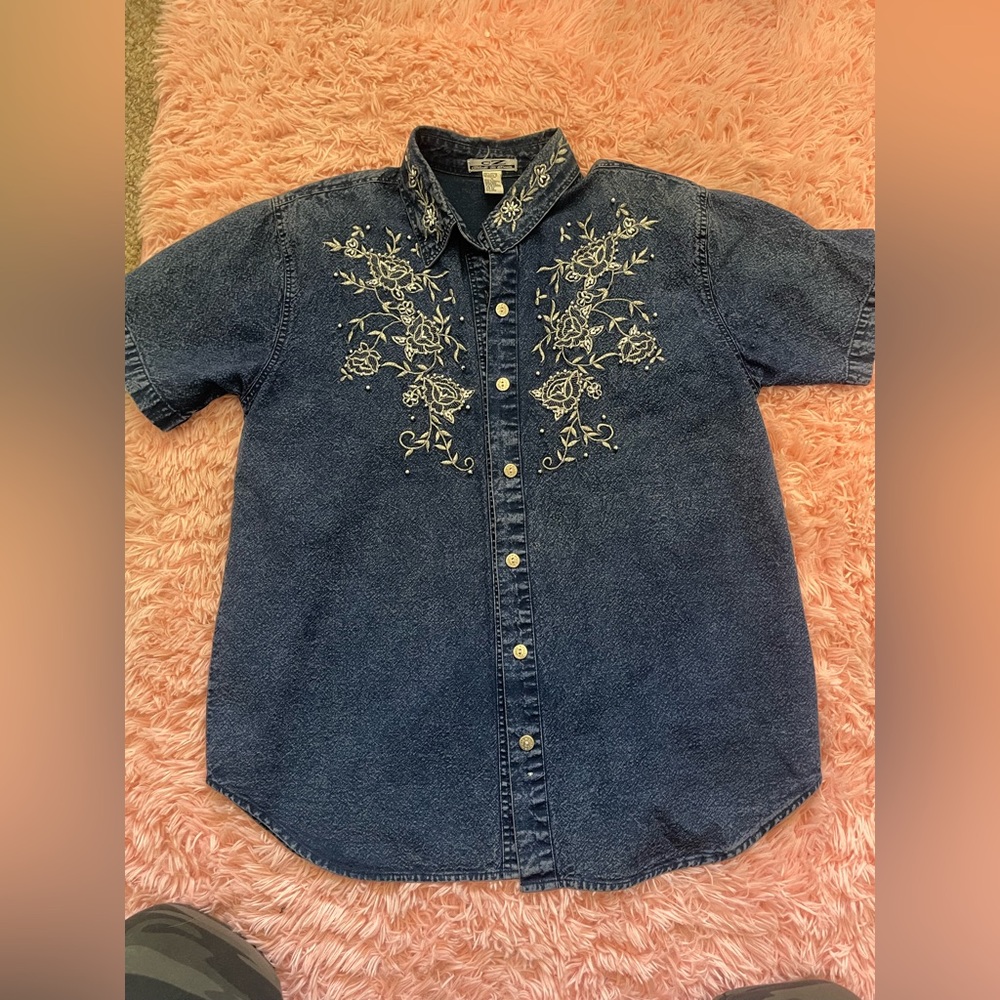 Vintage CZ Club Z Denim Embroidered Button Up Shirt Western Floral Beaded Size M